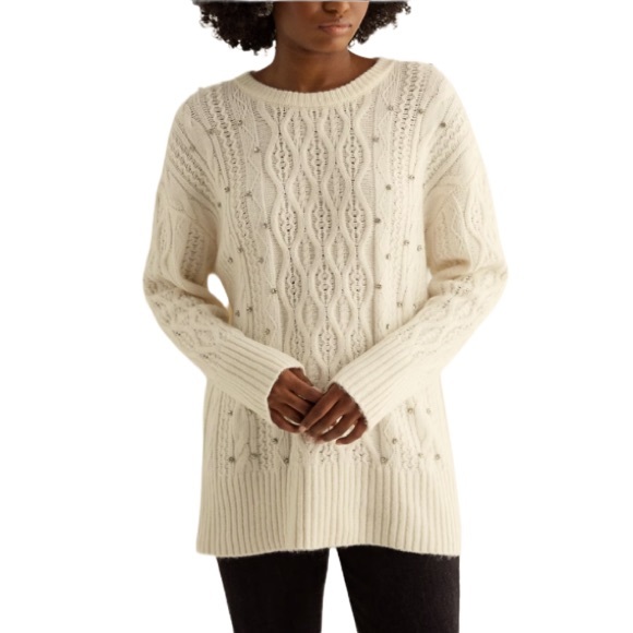 NWT Express Rhinestone Embellished Drop Shoulder Cableknit Tunic Sweater Ivory S - Picture 1 of 12